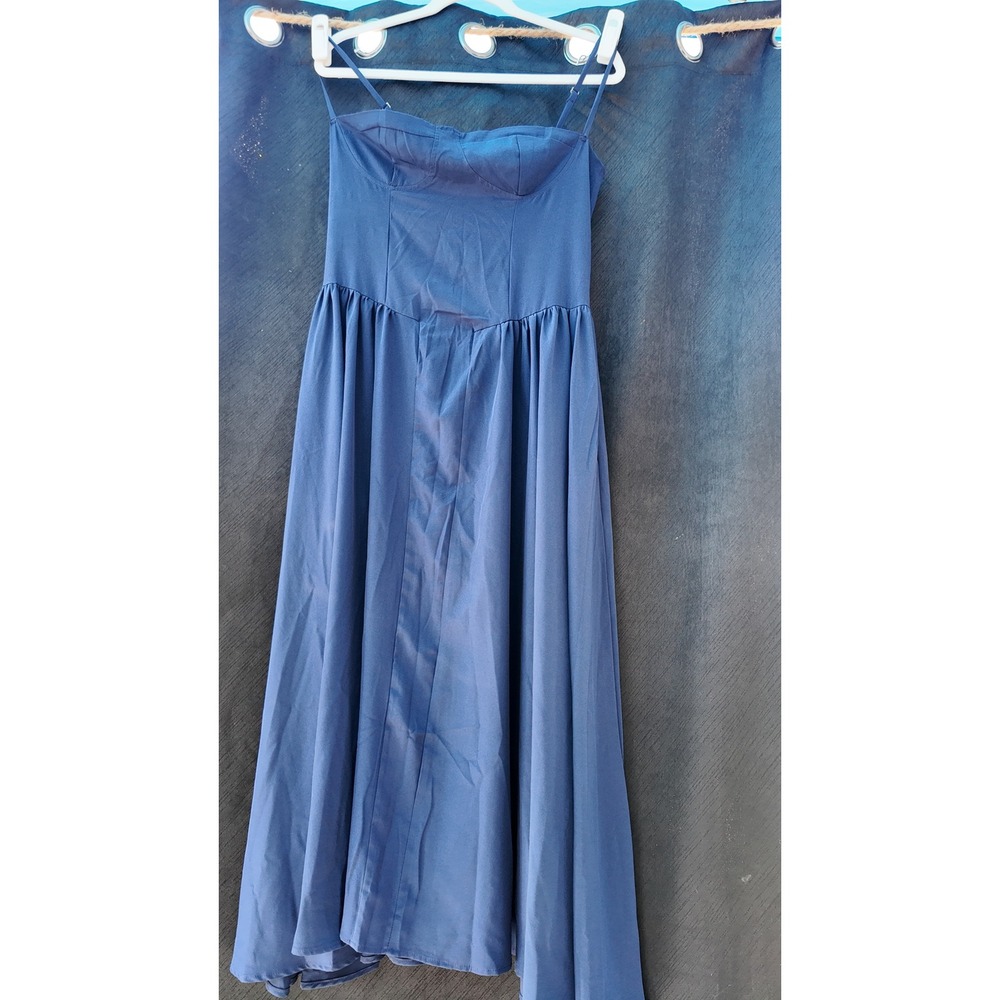 Blue Bustier Midi Dress Adjustable Spaghetti Straps A-Line Pleated Skirt